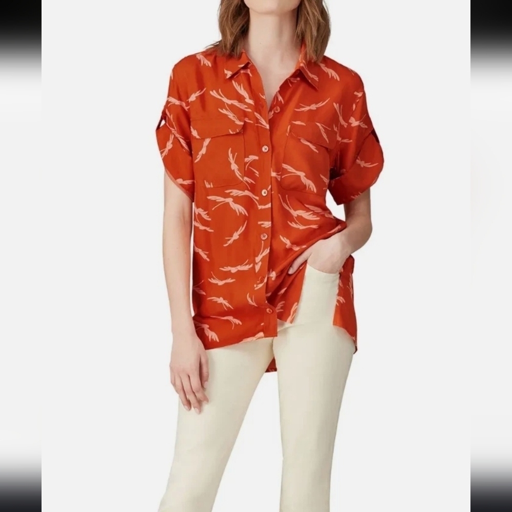 Equipment Orange Short-Sleeve Button-Down Shirt with Cream Feather Print